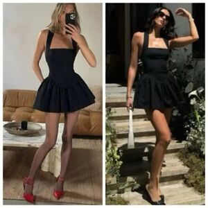 Helsa Mini Dress Black Faille Halter Sleeveless Drop Waist size XS